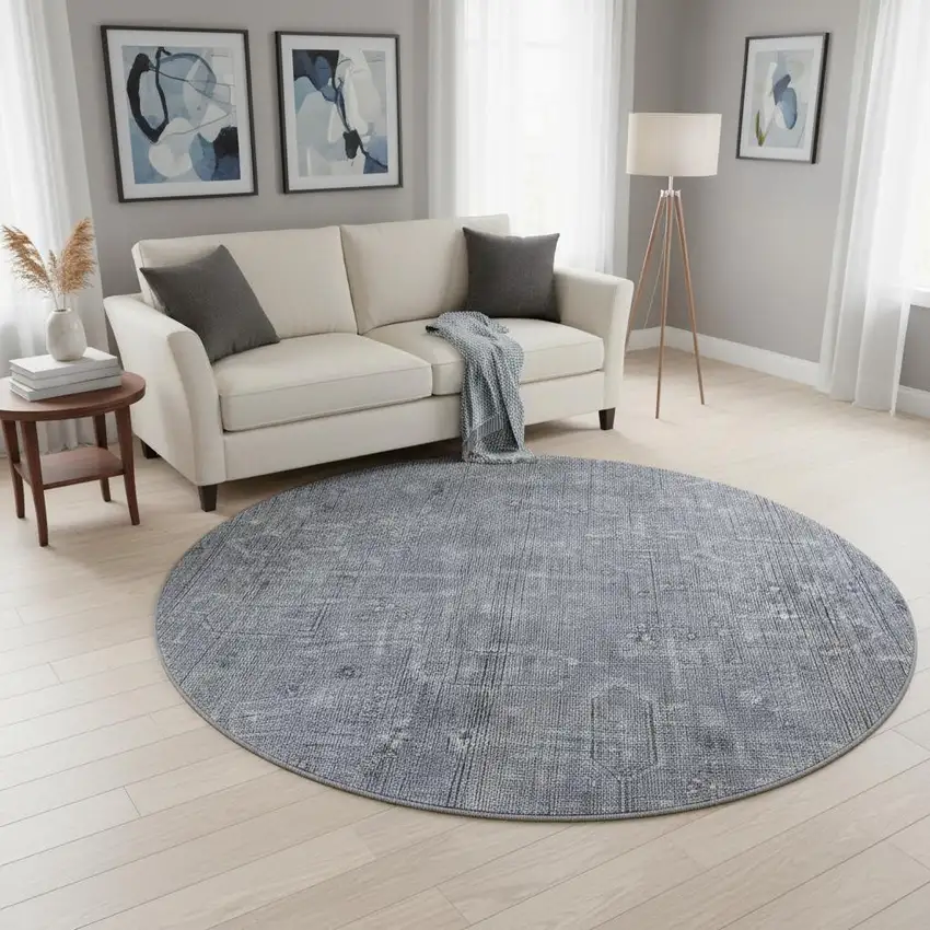 8' Blue And Gray Southwestern Washable Round Rug With UV Protection Photo 2