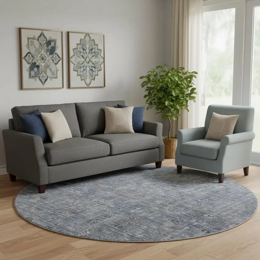 8' Blue And Gray Southwestern Washable Round Rug With UV Protection Photo 2