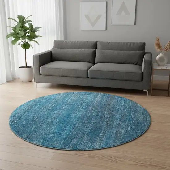 8' Blue And Gray Striped Washable Round Rug With UV Protection Photo 1