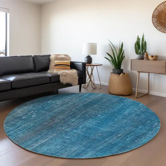 8' Blue And Gray Striped Washable Round Rug With UV Protection Photo 5