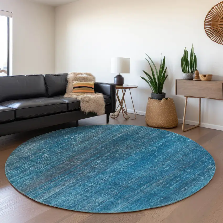 8' Blue And Gray Striped Washable Round Rug With UV Protection Photo 5