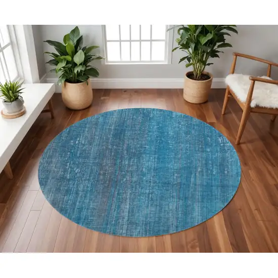 8' Blue And Gray Striped Washable Round Rug With UV Protection Photo 2