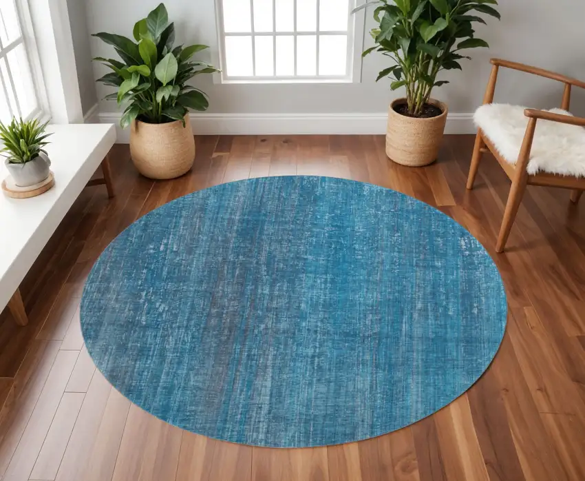 8' Blue And Gray Striped Washable Round Rug With UV Protection Photo 2
