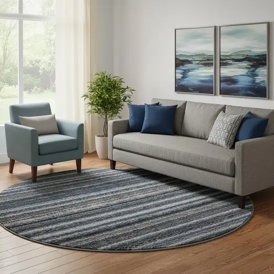 8' Blue And Gray Striped Washable Round Rug With UV Protection Photo 1