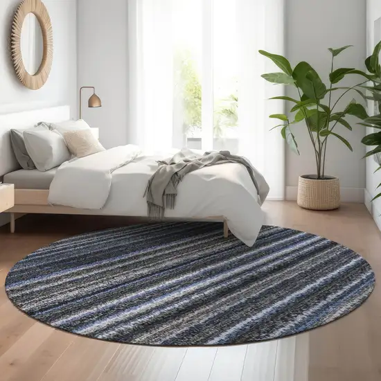 8' Blue And Gray Striped Washable Round Rug With UV Protection Photo 5