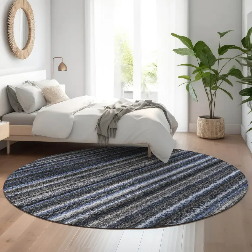 8' Blue And Gray Striped Washable Round Rug With UV Protection Photo 5