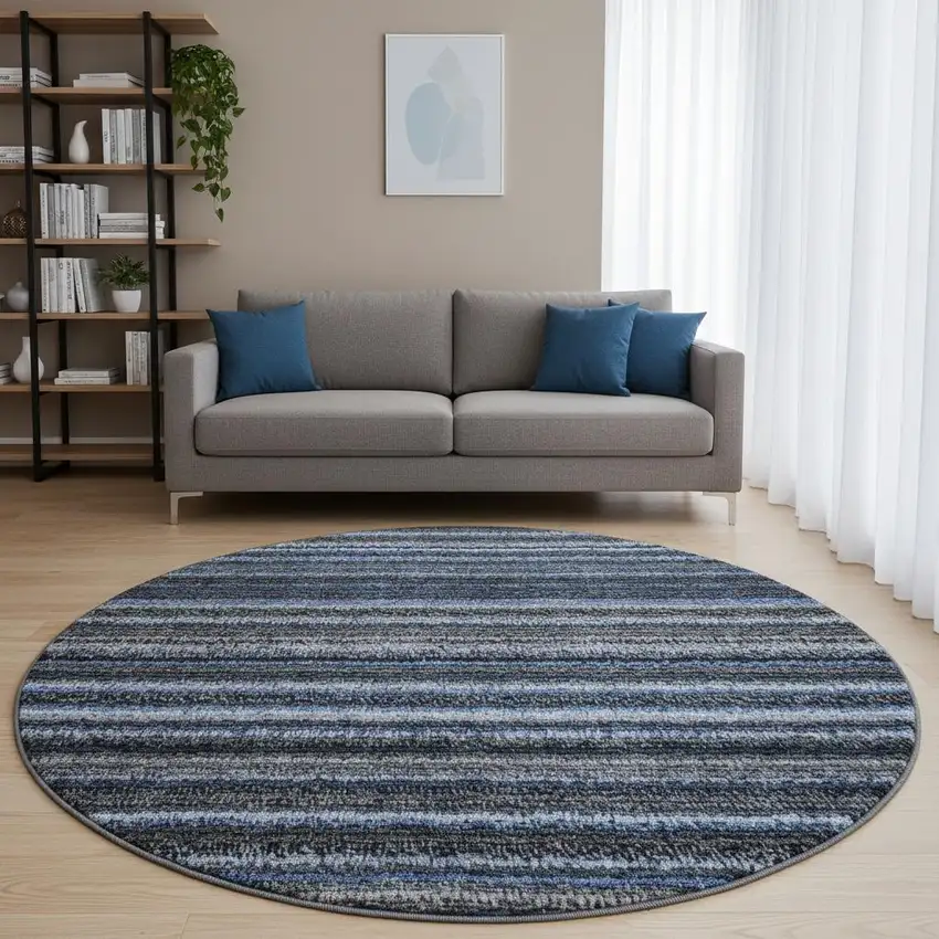 8' Blue And Gray Striped Washable Round Rug With UV Protection Photo 2