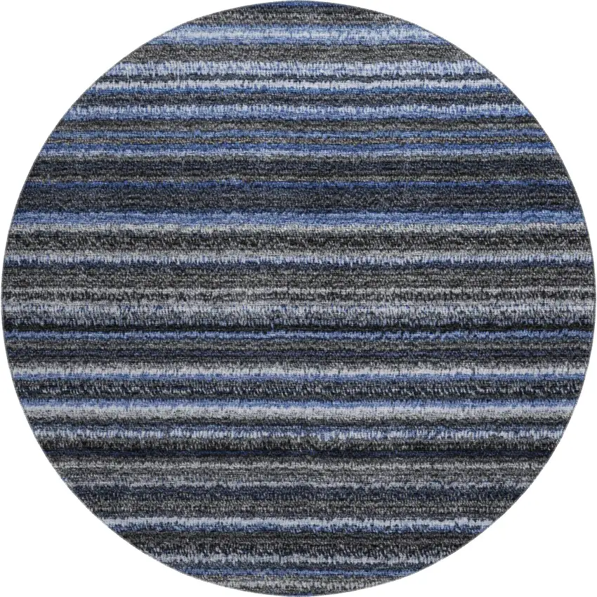 8' Blue And Gray Striped Washable Round Rug With UV Protection Photo 1