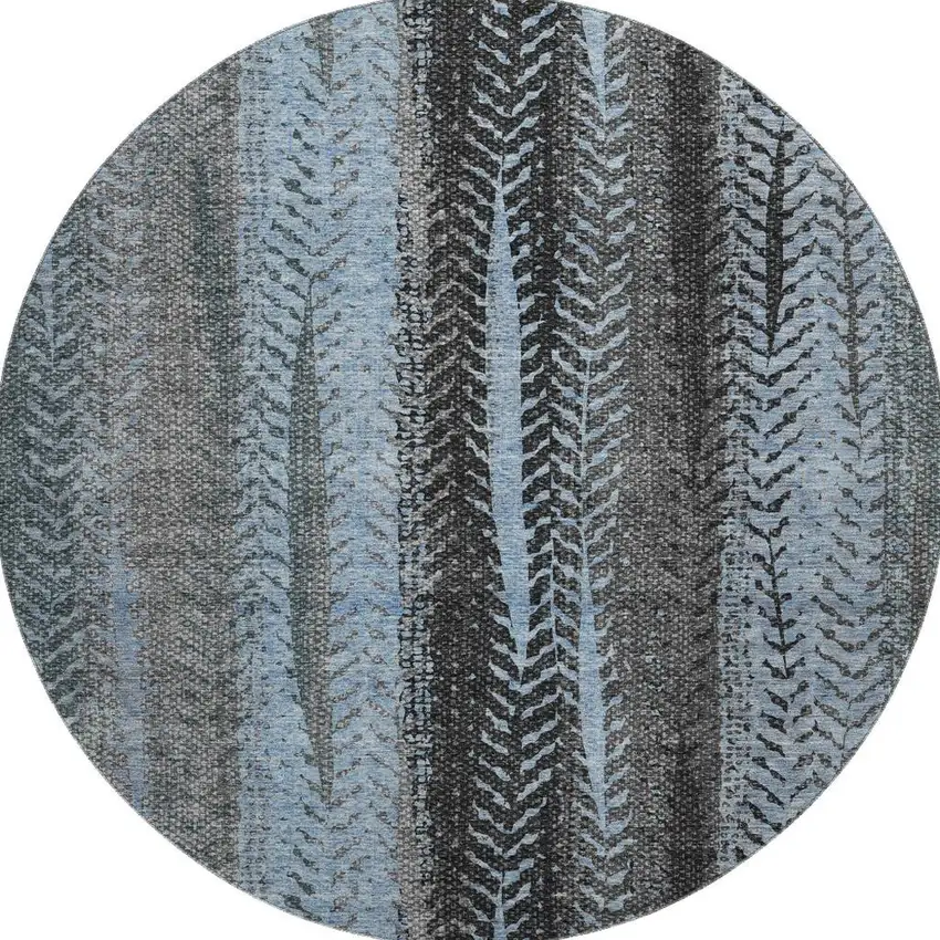 8' Blue And Gray Striped Washable Round Rug With UV Protection Photo 3