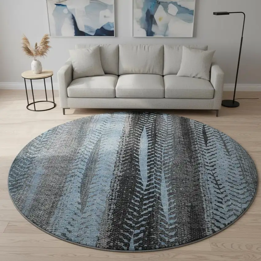 8' Blue And Gray Striped Washable Round Rug With UV Protection Photo 2