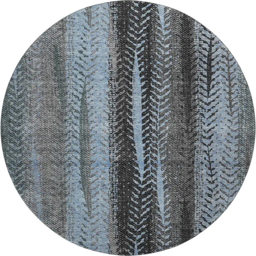 8' Blue And Gray Striped Washable Round Rug With UV Protection Photo 1