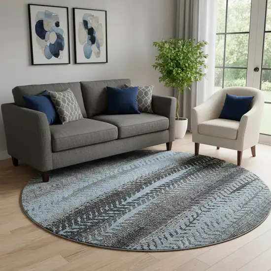 8' Blue And Gray Striped Washable Round Rug With UV Protection Photo 1