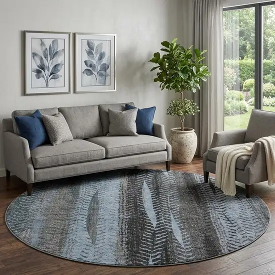 8' Blue And Gray Striped Washable Round Rug With UV Protection Photo 1