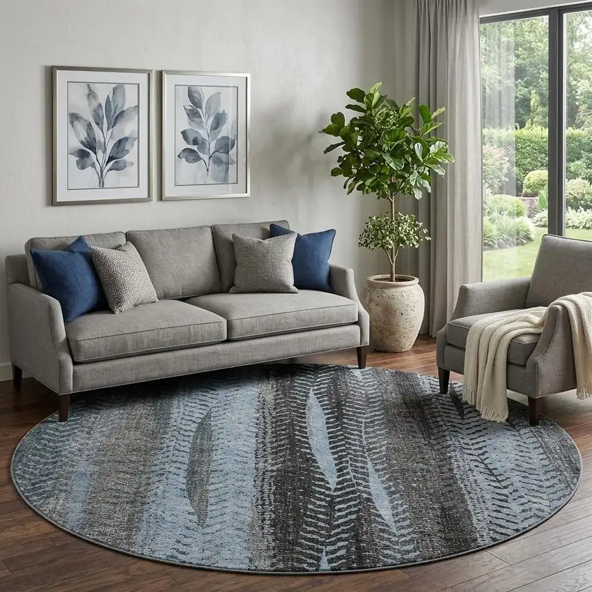 8' Blue And Gray Striped Washable Round Rug With UV Protection Photo 1