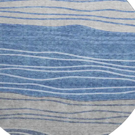 8' Blue And Gray Striped Washable Round Rug With UV Protection Photo 3