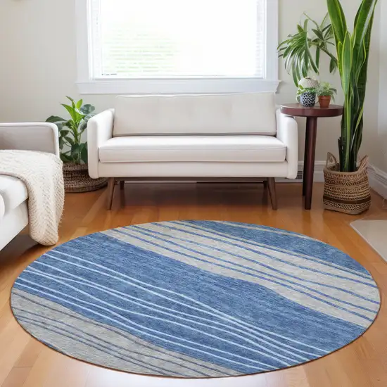 8' Blue And Gray Striped Washable Round Rug With UV Protection Photo 4
