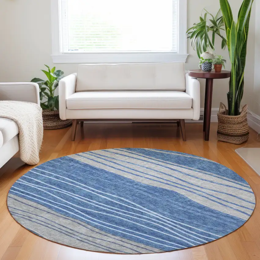 8' Blue And Gray Striped Washable Round Rug With UV Protection Photo 4