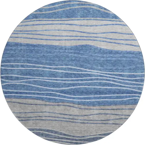8' Blue And Gray Striped Washable Round Rug With UV Protection Photo 5