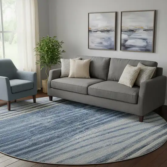 8' Blue And Gray Striped Washable Round Rug With UV Protection Photo 2