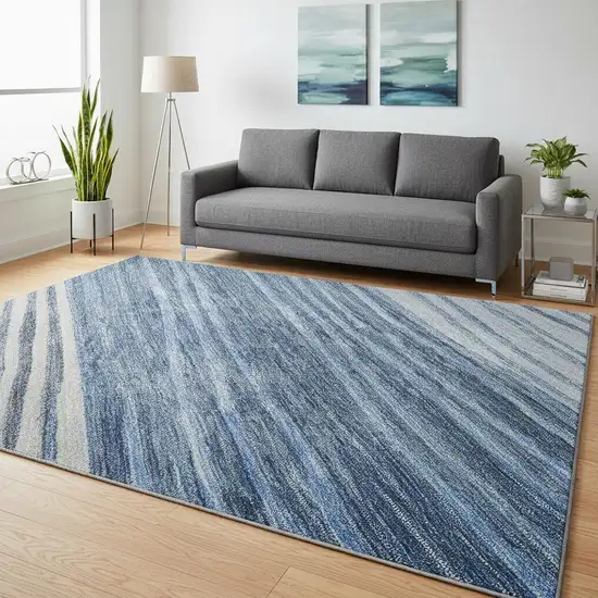 8' Blue And Gray Striped Washable Round Rug With UV Protection Photo 2