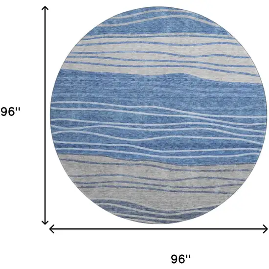 8' Blue And Gray Striped Washable Round Rug With UV Protection Photo 8