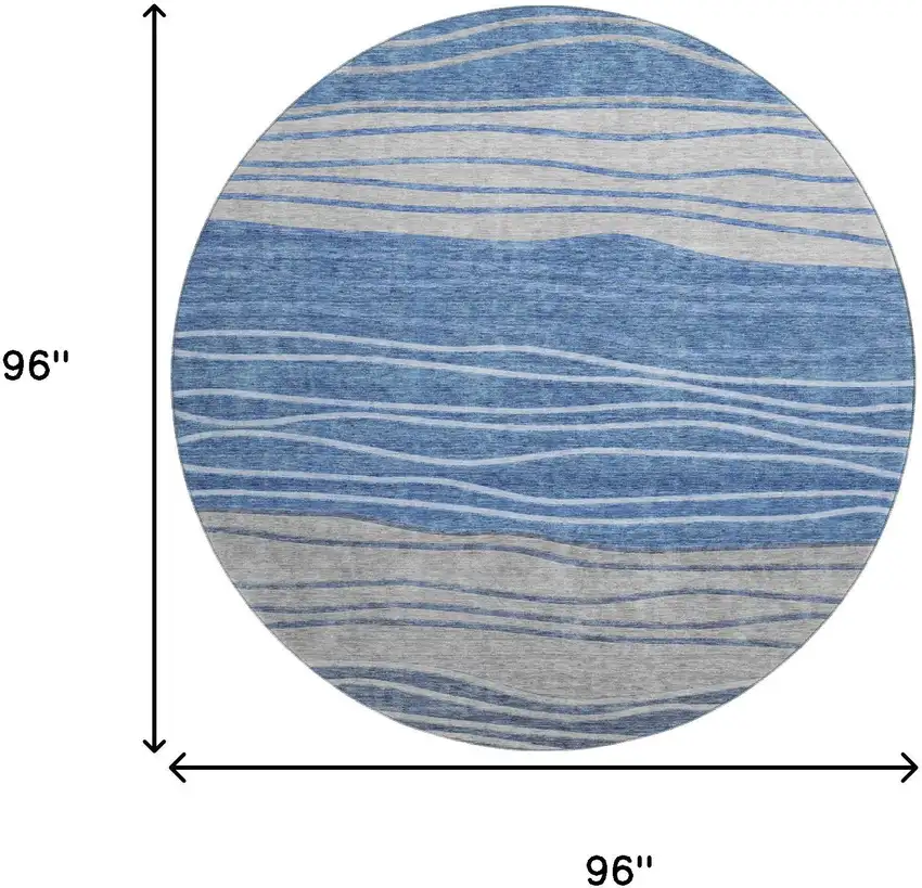 8' Blue And Gray Striped Washable Round Rug With UV Protection Photo 8