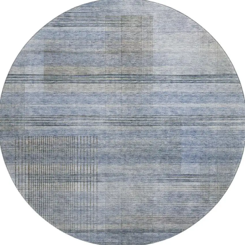 8' Blue And Gray Striped Washable Round Rug With UV Protection Photo 4