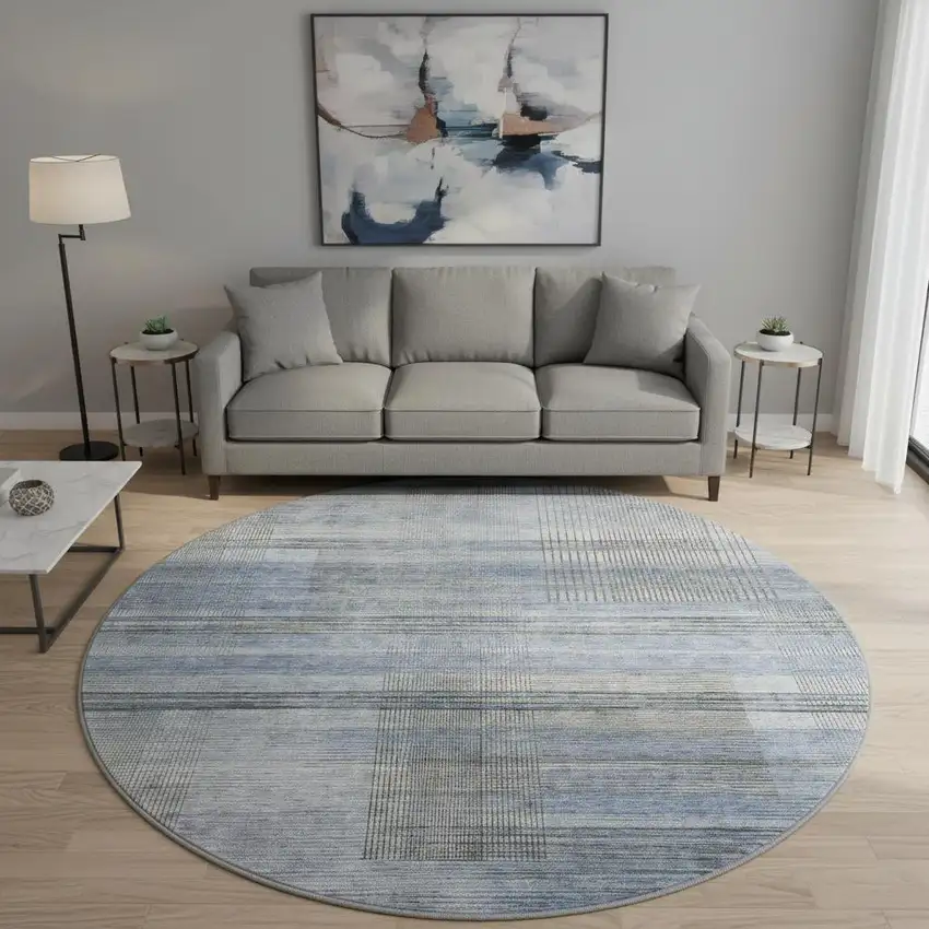 8' Blue And Gray Striped Washable Round Rug With UV Protection Photo 2