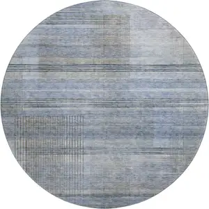 Photo of 8' Blue And Gray Striped Washable Round Rug With UV Protection