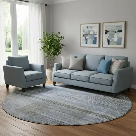 8' Blue And Gray Striped Washable Round Rug With UV Protection Photo 1