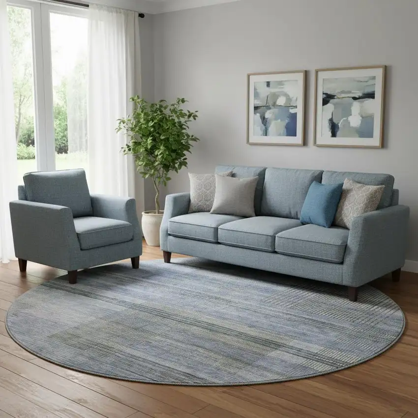 8' Blue And Gray Striped Washable Round Rug With UV Protection Photo 1