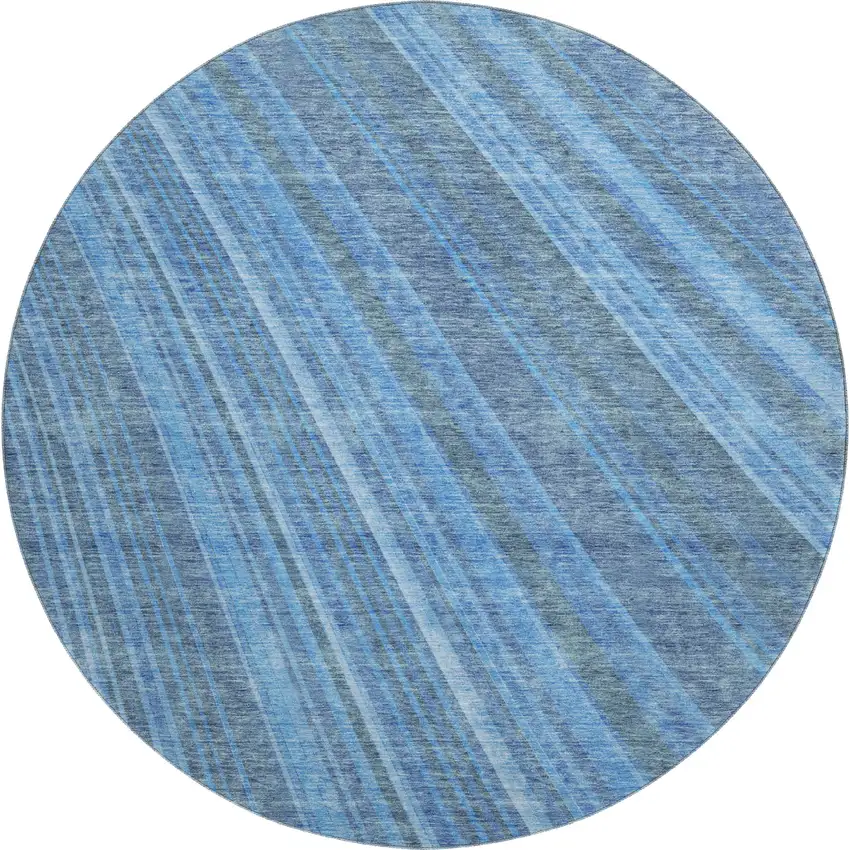 8' Blue And Gray Striped Washable Round Rug With UV Protection Photo 1