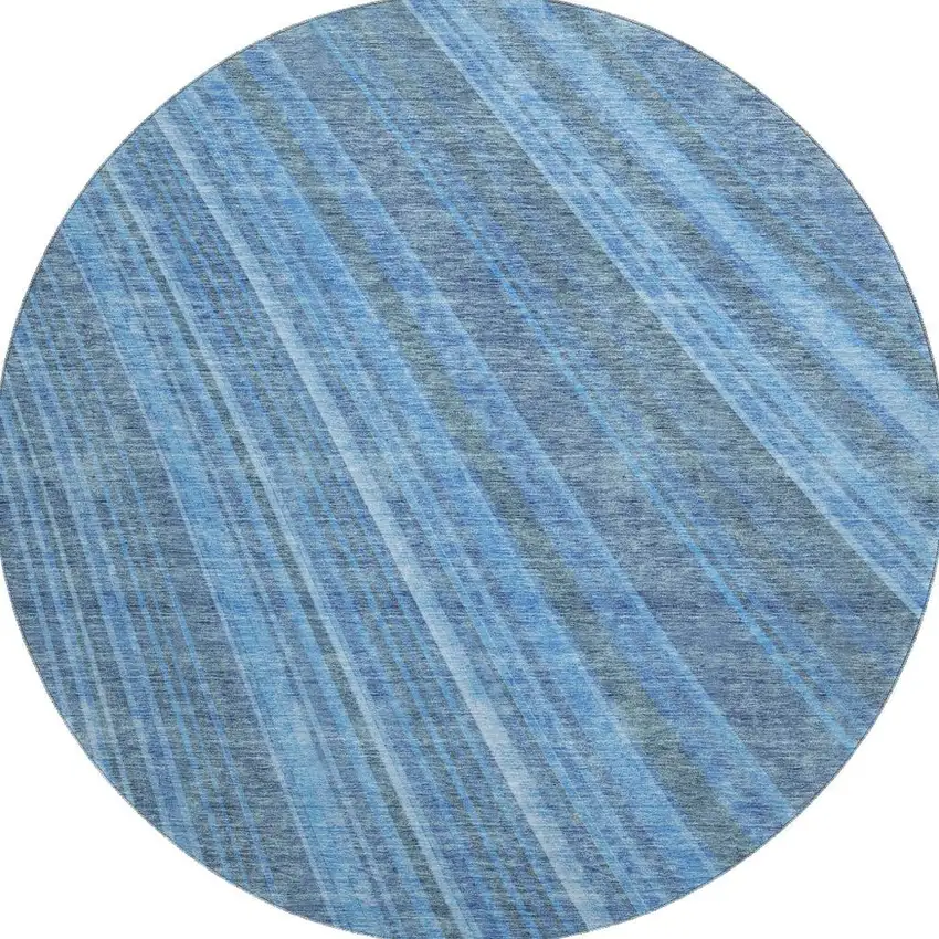 8' Blue And Gray Striped Washable Round Rug With UV Protection Photo 2