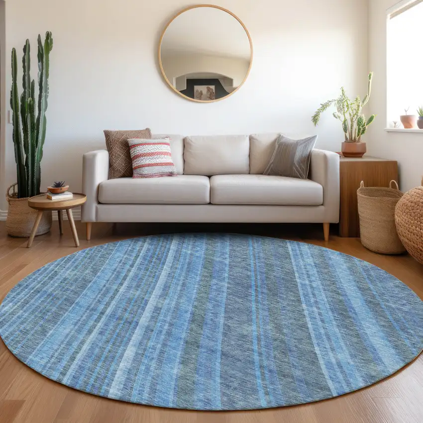 8' Blue And Gray Striped Washable Round Rug With UV Protection Photo 3