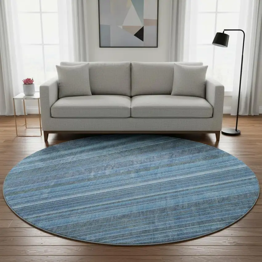 8' Blue And Gray Striped Washable Round Rug With UV Protection Photo 2