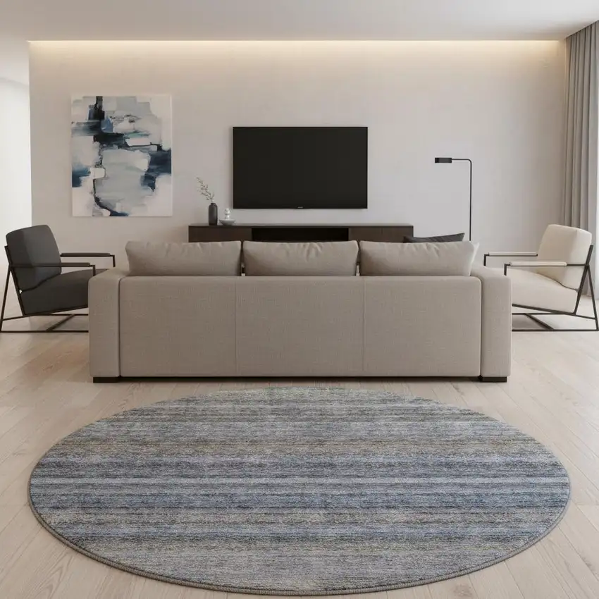 8' Blue And Gray Striped Washable Round Rug With UV Protection Photo 2