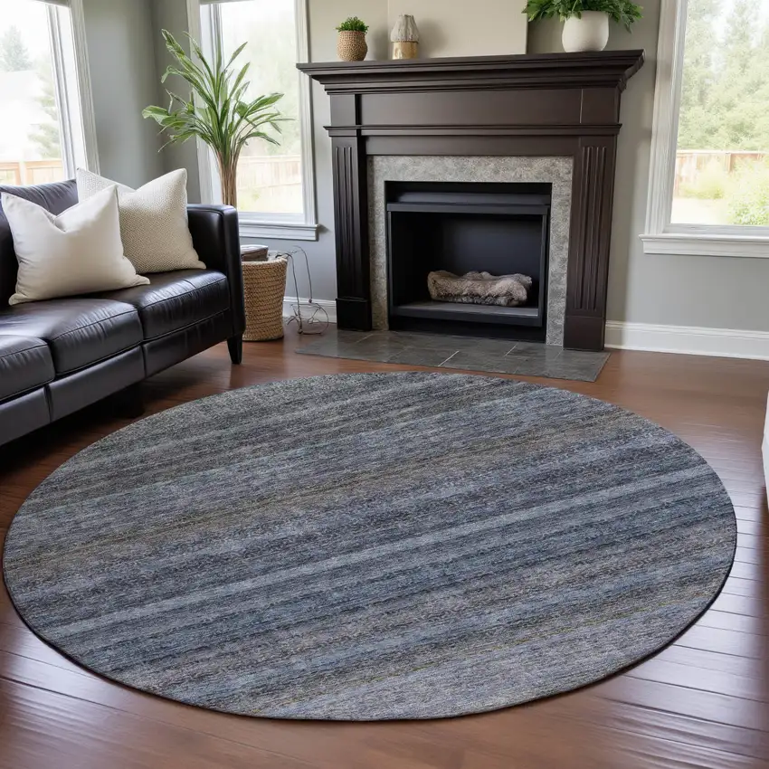 8' Blue And Gray Striped Washable Round Rug With UV Protection Photo 4