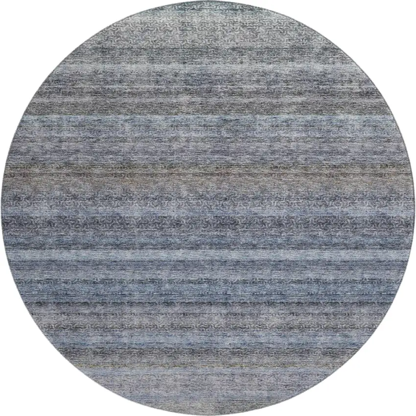 8' Blue And Gray Striped Washable Round Rug With UV Protection Photo 1