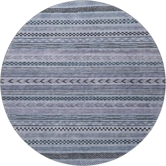 8' Blue And Gray Striped Washable Round Rug With UV Protection Photo 2