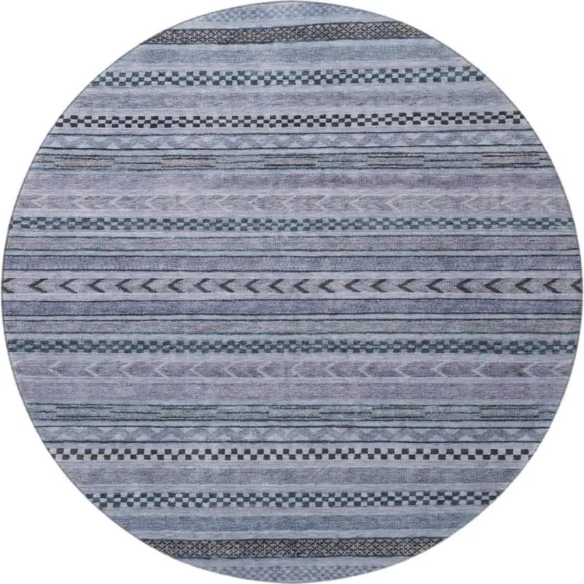 8' Blue And Gray Striped Washable Round Rug With UV Protection Photo 2