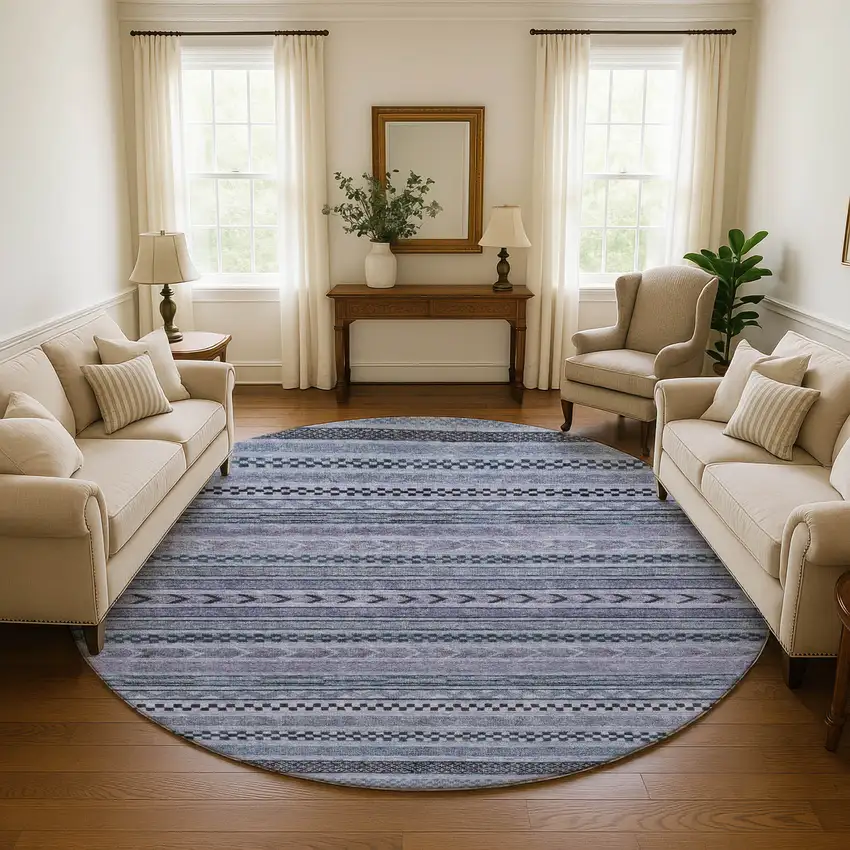 8' Blue And Gray Striped Washable Round Rug With UV Protection Photo 3