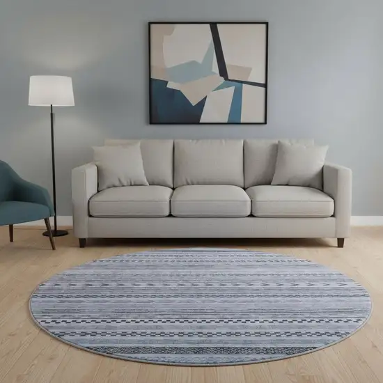 8' Blue And Gray Striped Washable Round Rug With UV Protection Photo 2