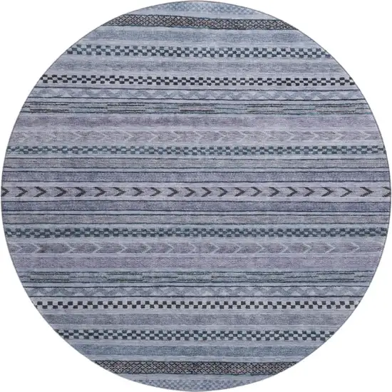 8' Blue And Gray Striped Washable Round Rug With UV Protection Photo 1
