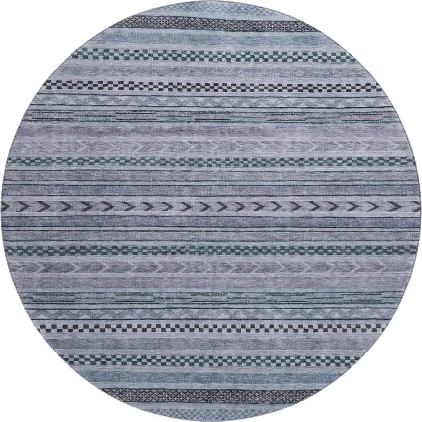 8' Blue And Gray Striped Washable Round Rug With UV Protection Photo 1