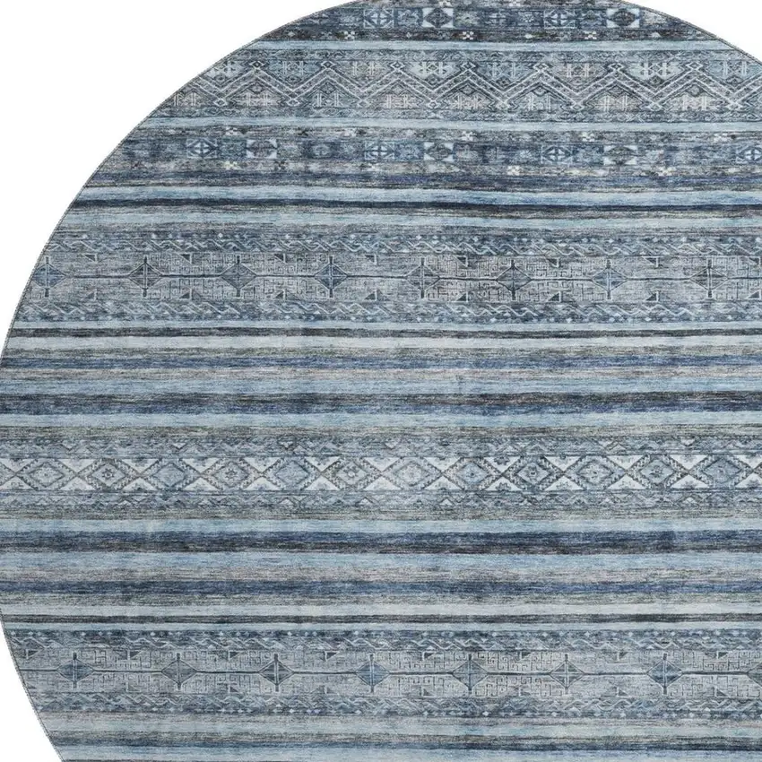 8' Blue And Gray Striped Washable Round Rug With UV Protection Photo 2
