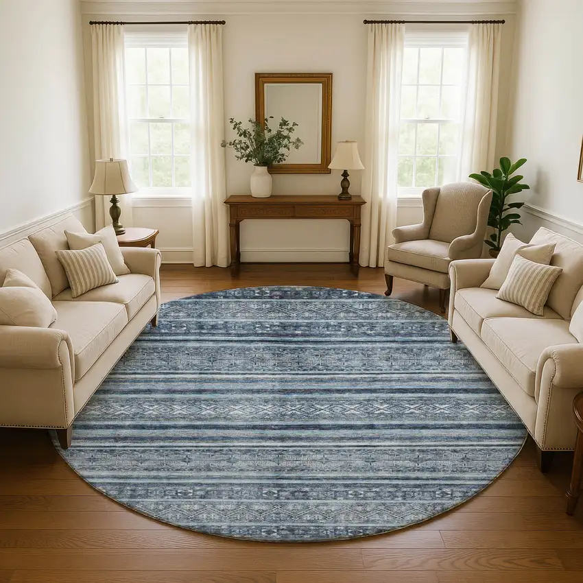 8' Blue And Gray Striped Washable Round Rug With UV Protection Photo 4