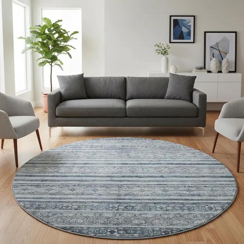 8' Blue And Gray Striped Washable Round Rug With UV Protection Photo 2
