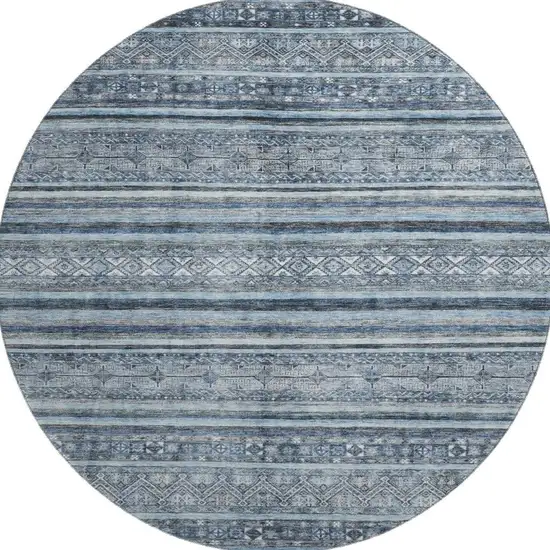 8' Blue And Gray Striped Washable Round Rug With UV Protection Photo 3