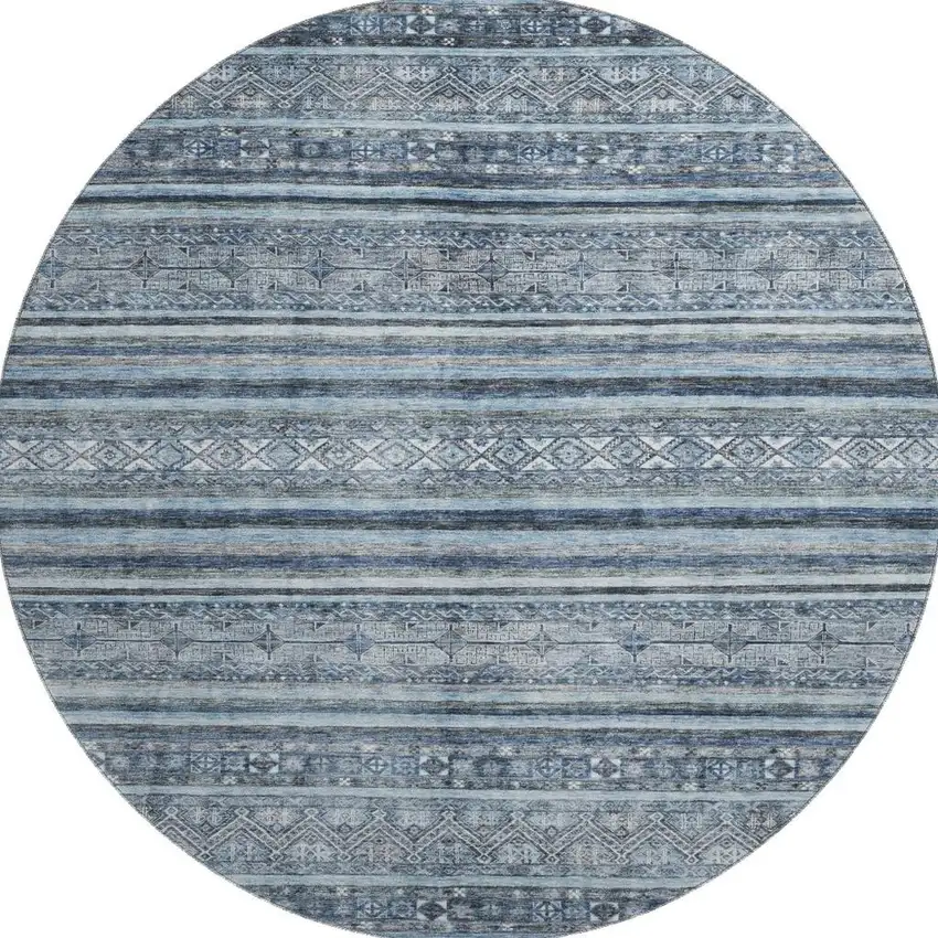 8' Blue And Gray Striped Washable Round Rug With UV Protection Photo 3