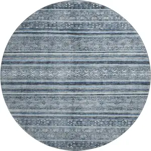 Photo of 8' Blue And Gray Striped Washable Round Rug With UV Protection